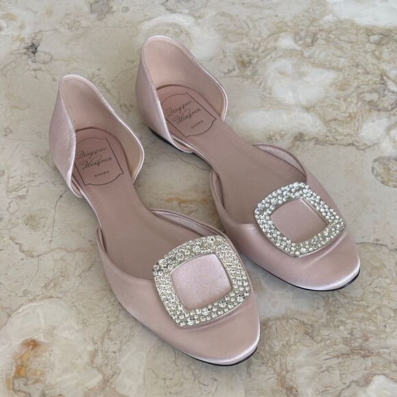 Crystal Buckle Ballerina Pink Satin Flats - Picture 1 of 12